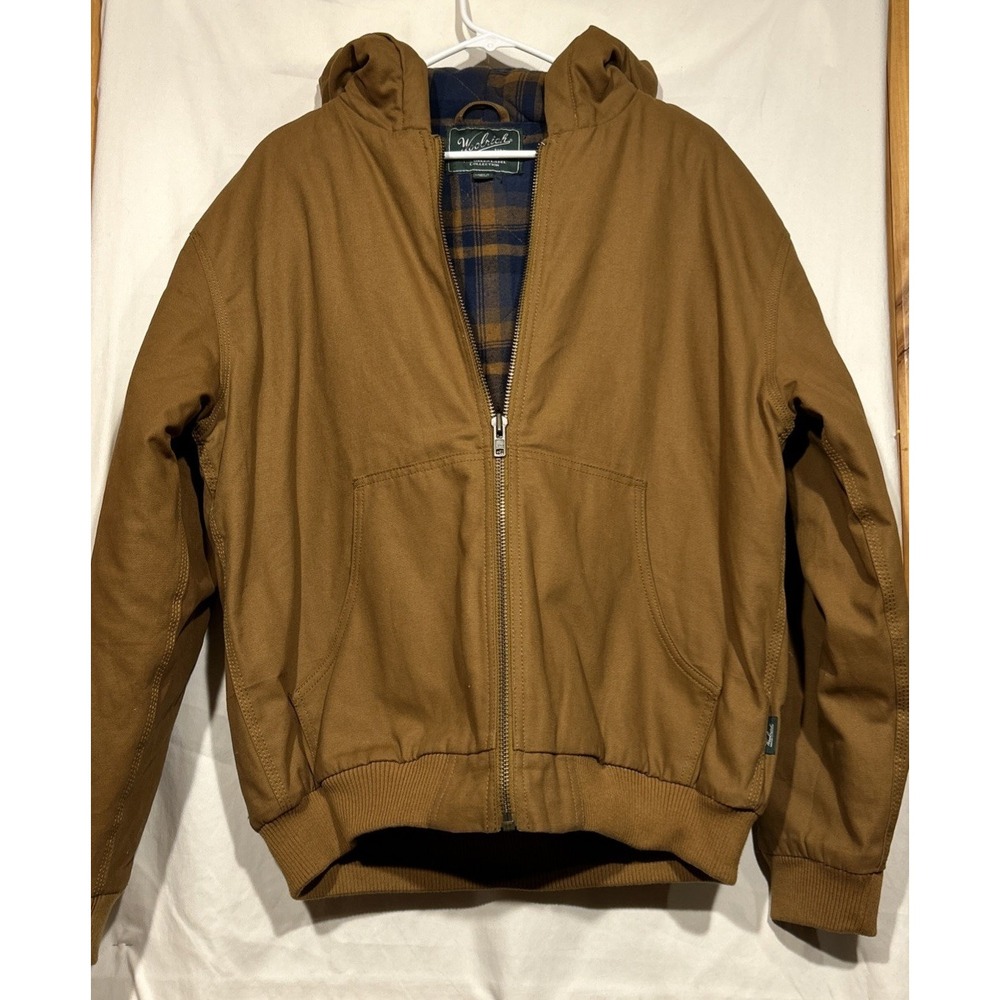 Woolrich Brown Canvas Hooded Bomber Jacket Size M Zip Front Flannel Lined Pocket